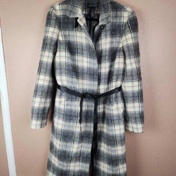 Kenneth Cole New York Wool Alpaca blend plaid belted coat